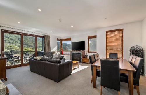 Thredbo Apartment | Elevation 2 bedroom with guest room gas fire and mountain views