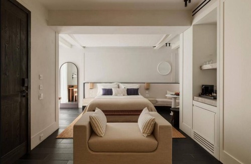 Drafaki Hotel | Private Pool Suite w/Warm Interiors & Spectacular Sunset Views of Mykonos