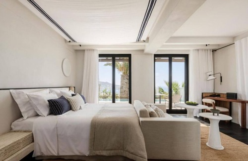 Drafaki Hotel | Private Pool Suite w/Warm Interiors & Spectacular Sunset Views of Mykonos