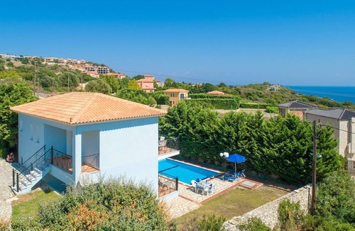 Skala Villa | Skala Villa Blue: Large Private Pool, Walk to Beach, Sea Views, A/C, WiFi