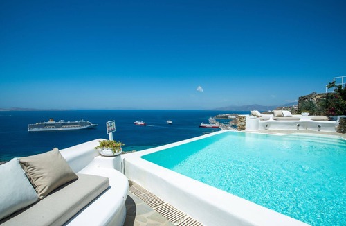 Tourlos House | Villa Magy/Terrace, garden, and pool with beautiful sea view